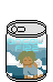 A grey blue can with clouds and an angel on it