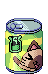 A green and yellow can with a brown cat holding a green drink in the air