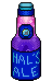 a ramune bottle with a pink to purple gradient liquid. The label is blue and reads Hal's Ale
