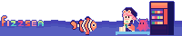 a pixel banner of citrus sitting on a bench next to a vending machine with a dumbo octopus and a clownfish with legs