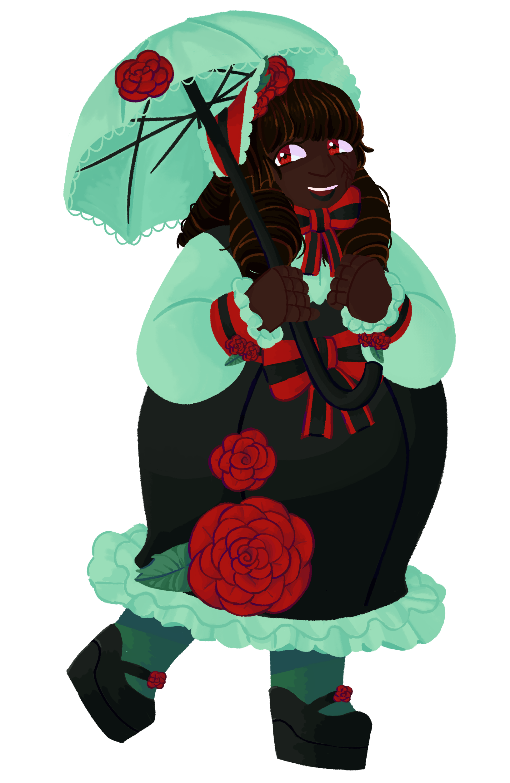 a doll girl with dark skin, black hair, and a black, red, and mint green lolita outfit with roses.