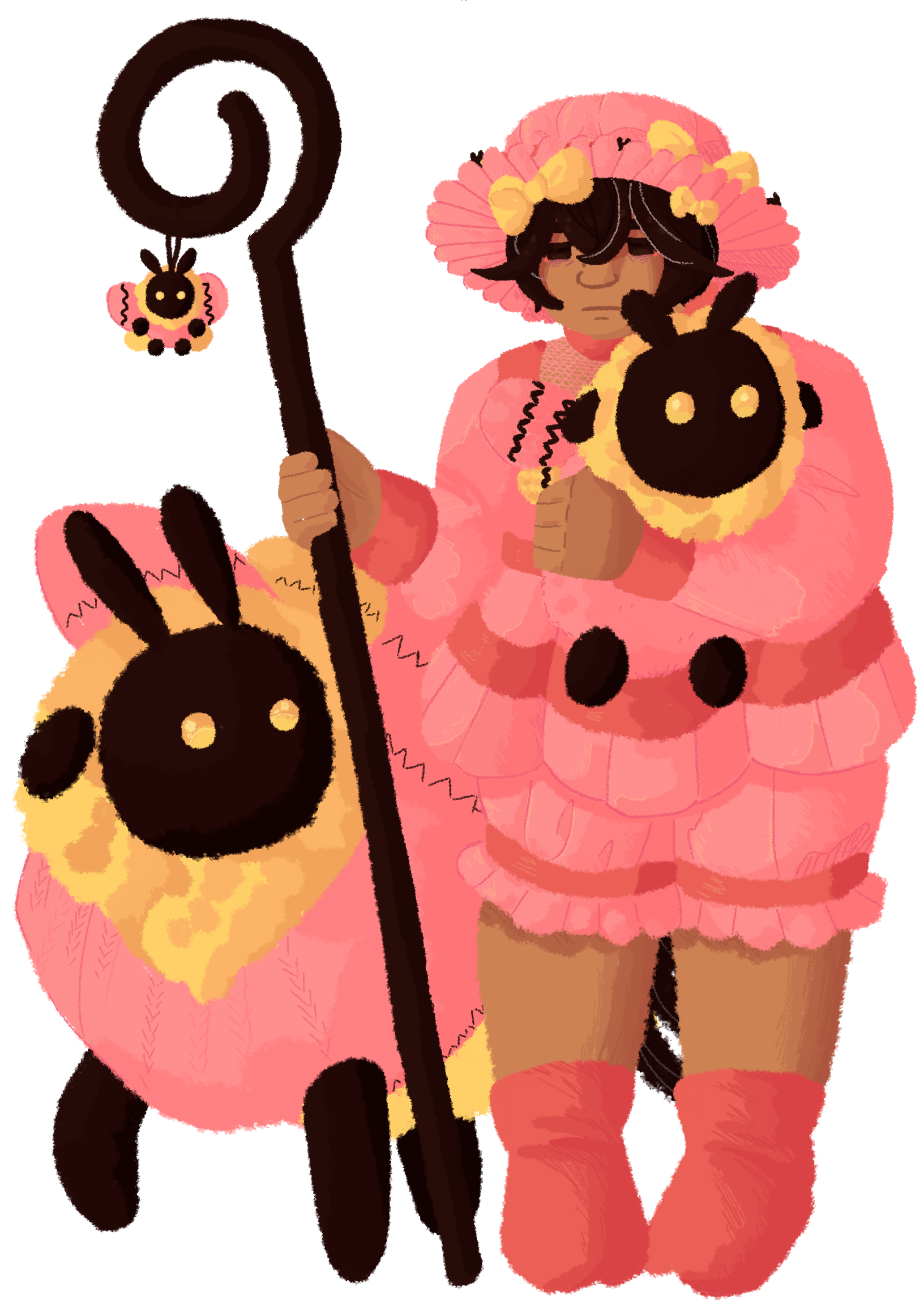 Erina is a girl with brown skin and dark brown hair, some of her hair is greying. She wears pink lolita pajamas and carries a wooden staff and a sheepmoth plushie. Next to her is a sheepmoth, a sheep covered with pink knit and thick antennae