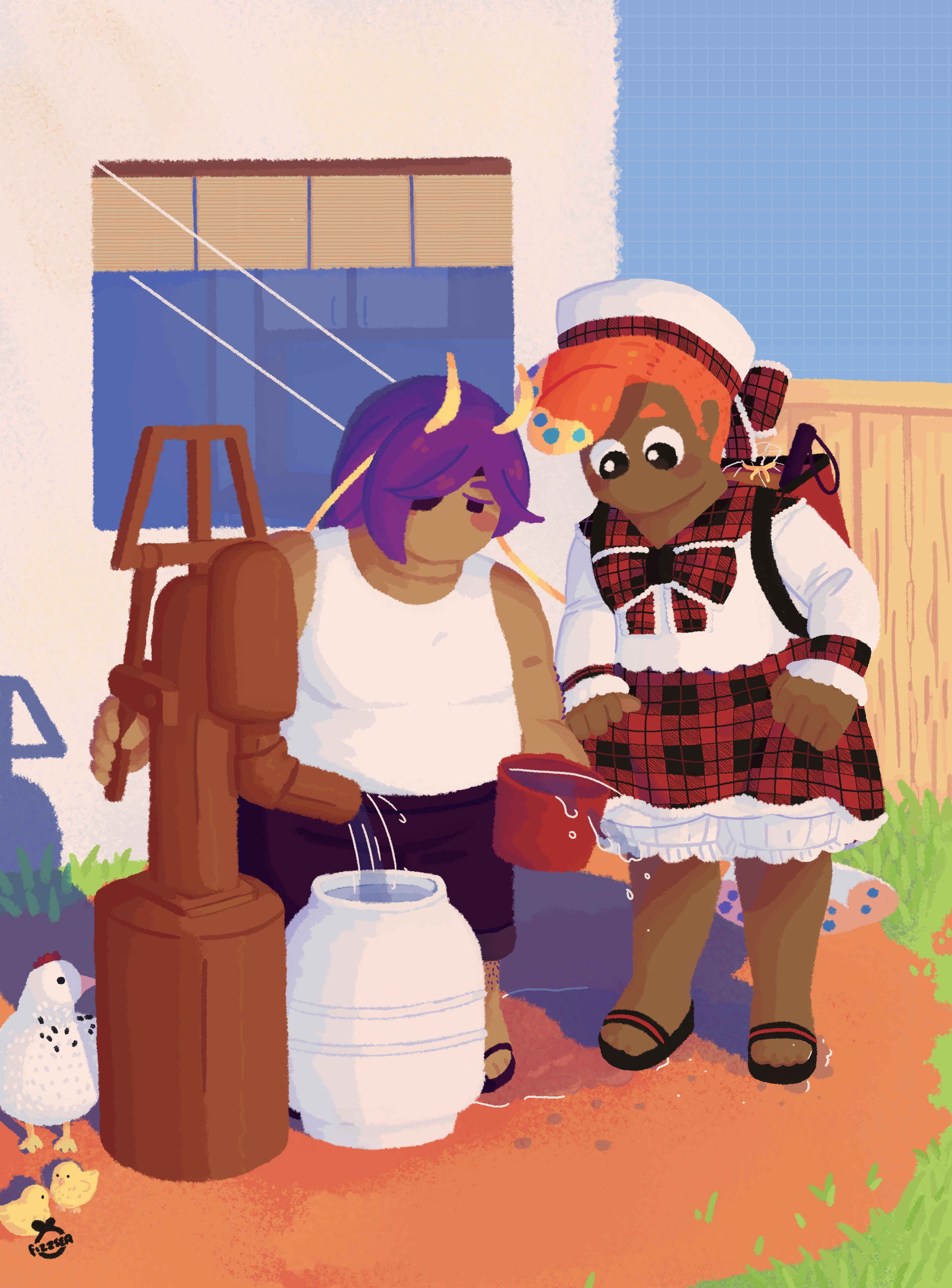 an illustration of Pistol and Goby cleaning their feet with a tabo next to a water pump