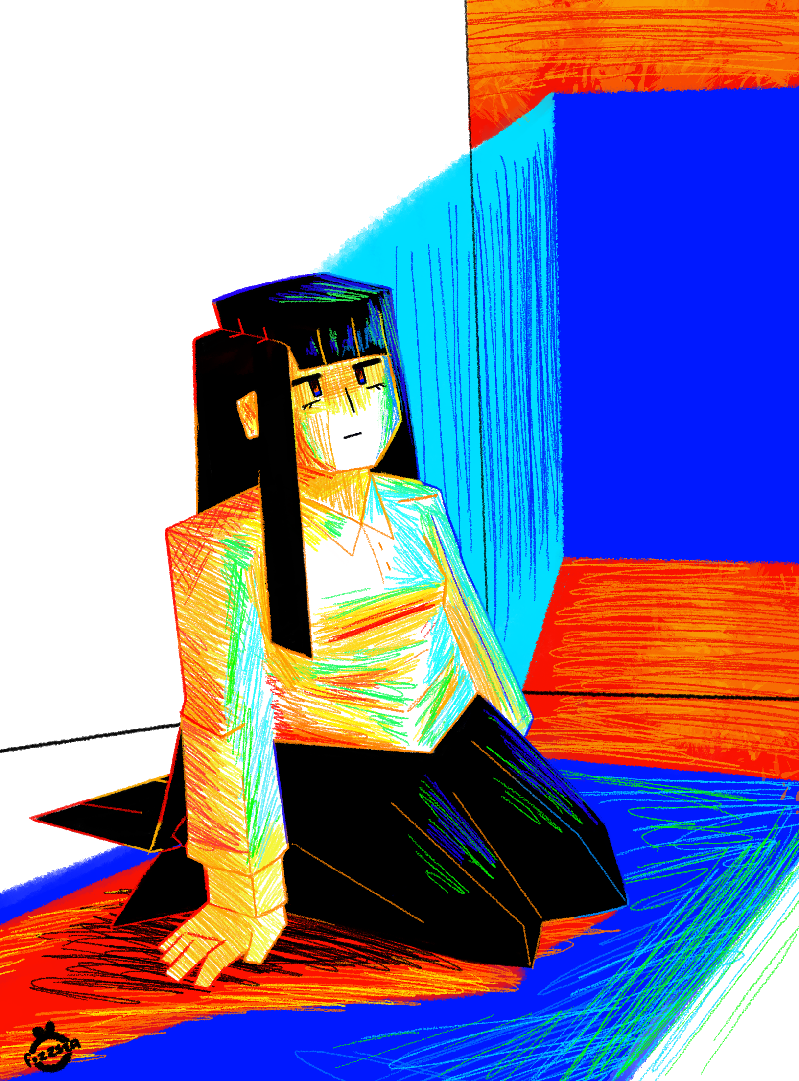 an illustration of a girl kneeling in an empty white room with a neon blue light coming from the window. she's blocky, has black hair, a white long sleeved polo shirt, and black pants.