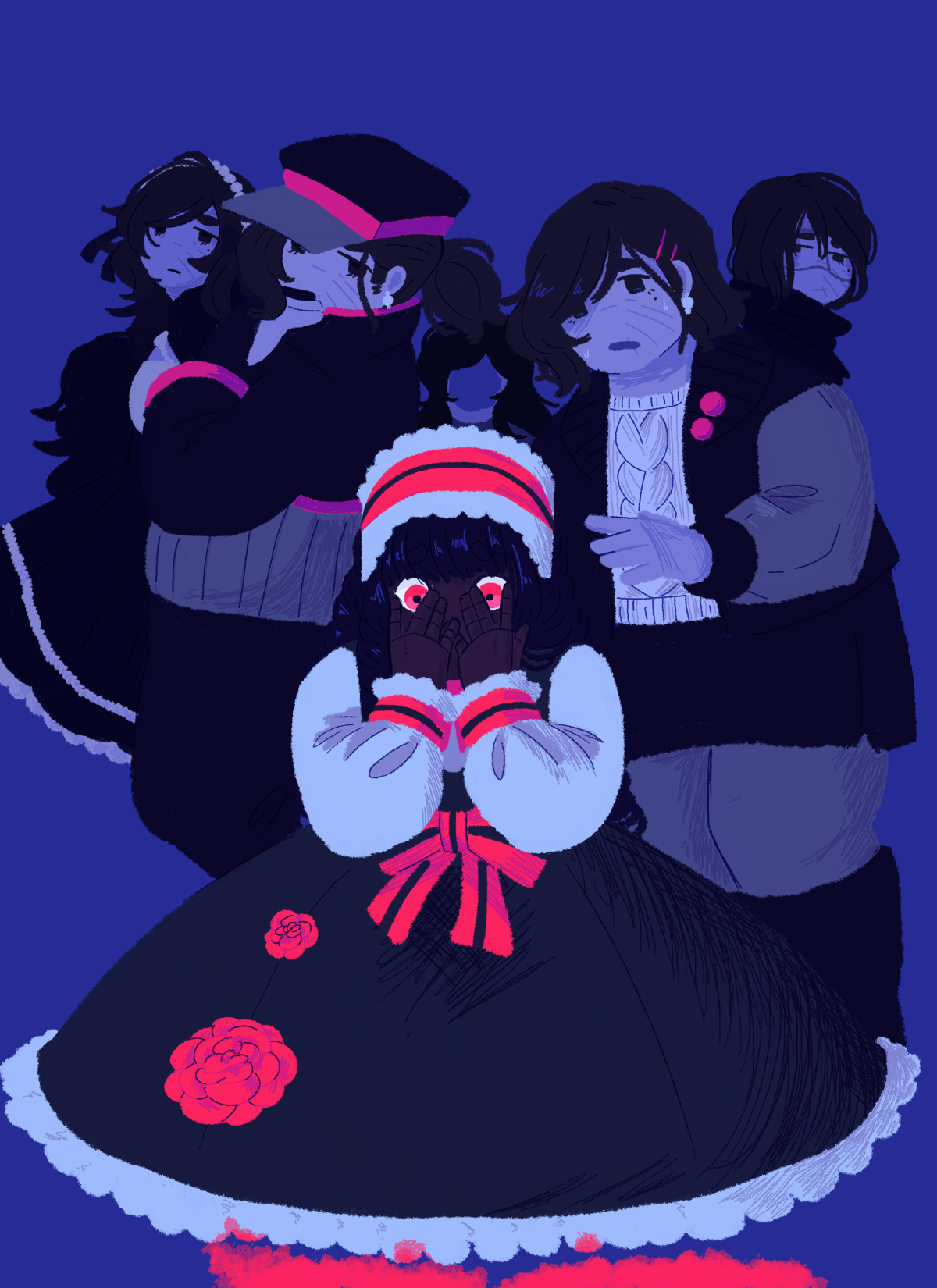 An illustration of Adeola being surrounded by different versions of Jirair as she stares down at a pool of blood. The palette is blue and neon pink.