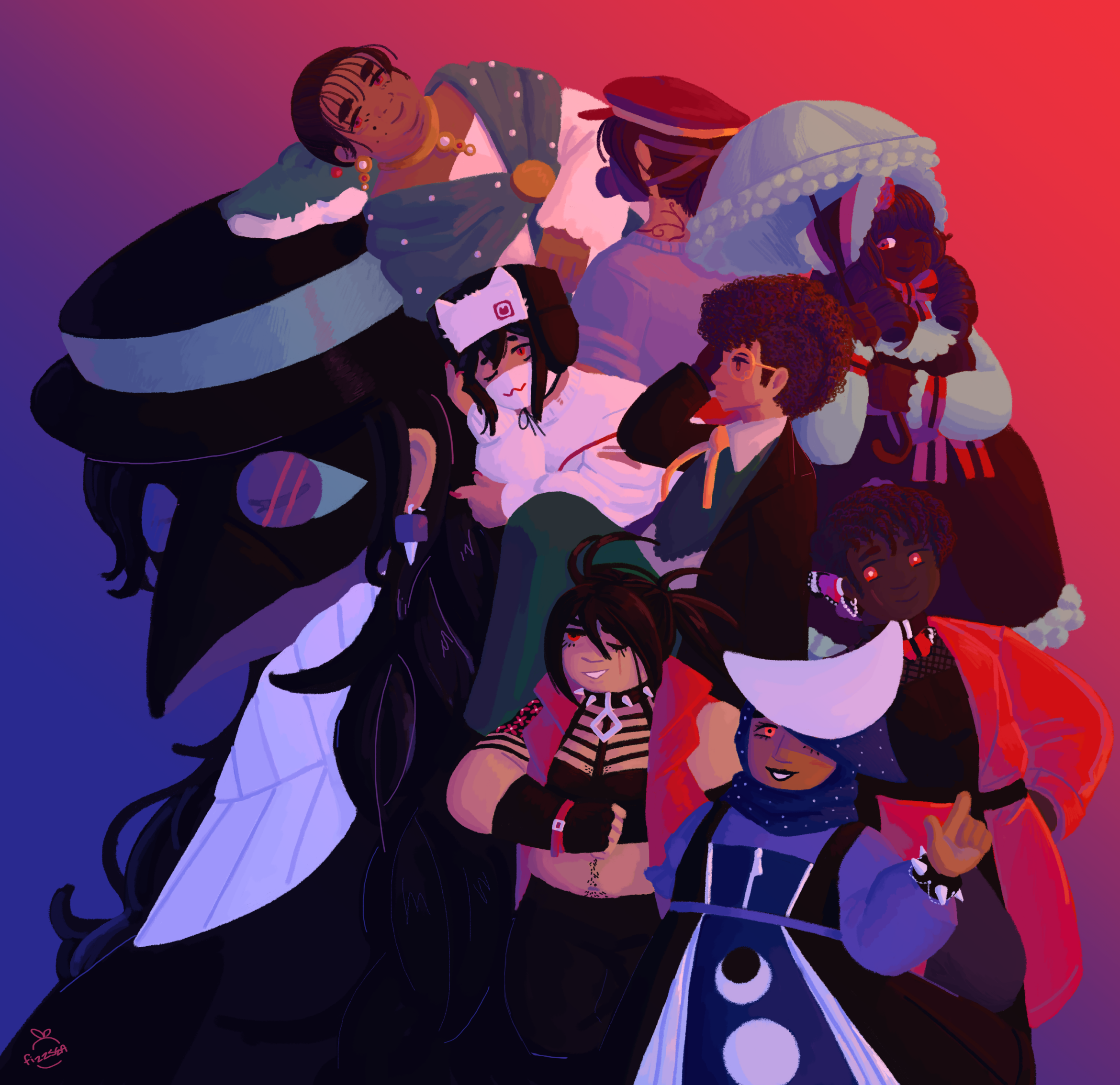 An illustration of some of the reapers: Zelophehad, Sinagtala, Nemuko, Bullace, Adeola, Greengage, Noire, Lilimar, and Firouzeh.