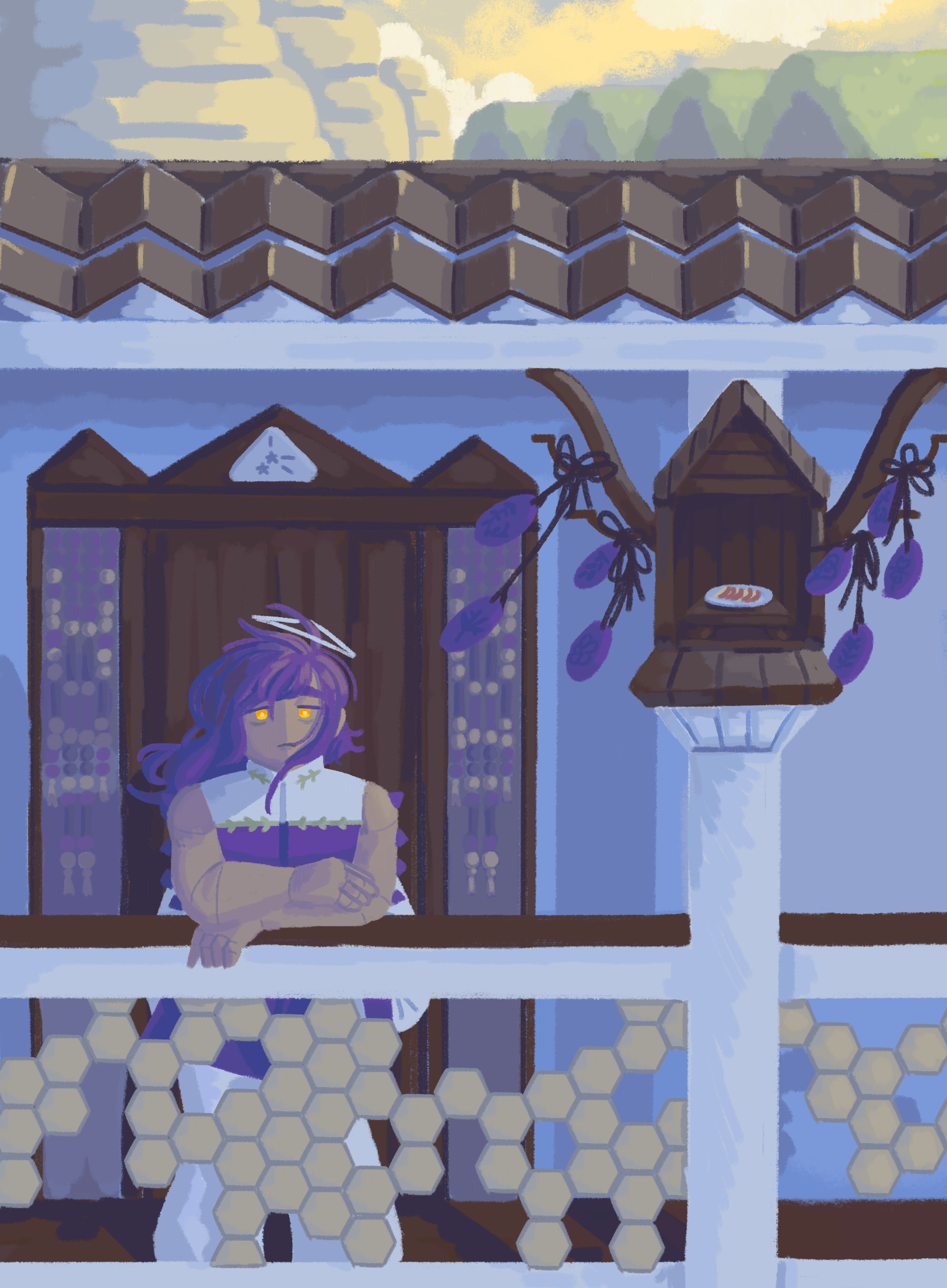 Illustration of Kelseyana leaning over the outdoor hall of her apartment.