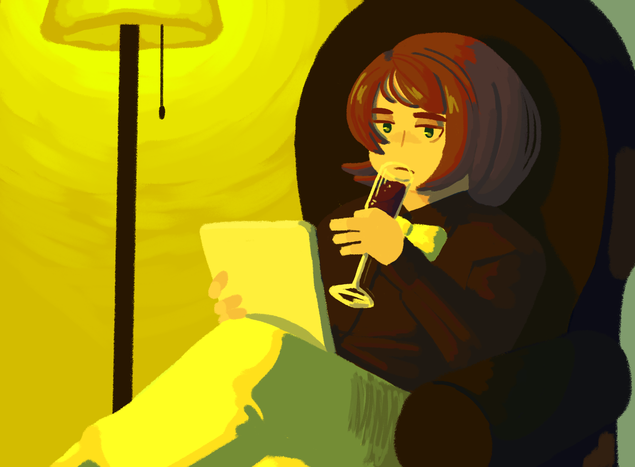 Illustration of Annmarie drinking wine and looking at a tablet.