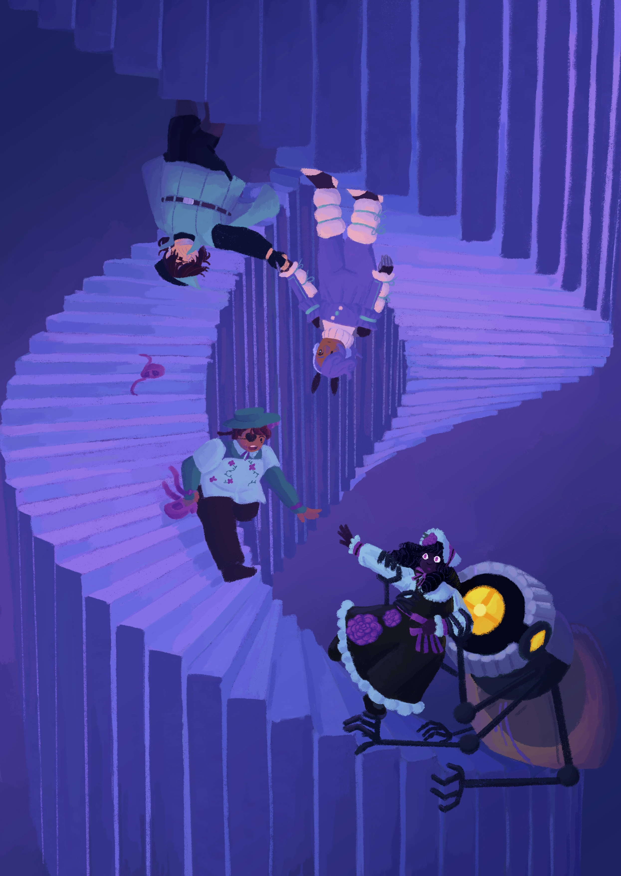 Illustration of a spiral staircase. Adeola is being dragged down by Nil as Spyros chases her. On the underside of the stairs, Jirair and Leia are walking unside down together, holding hands.
