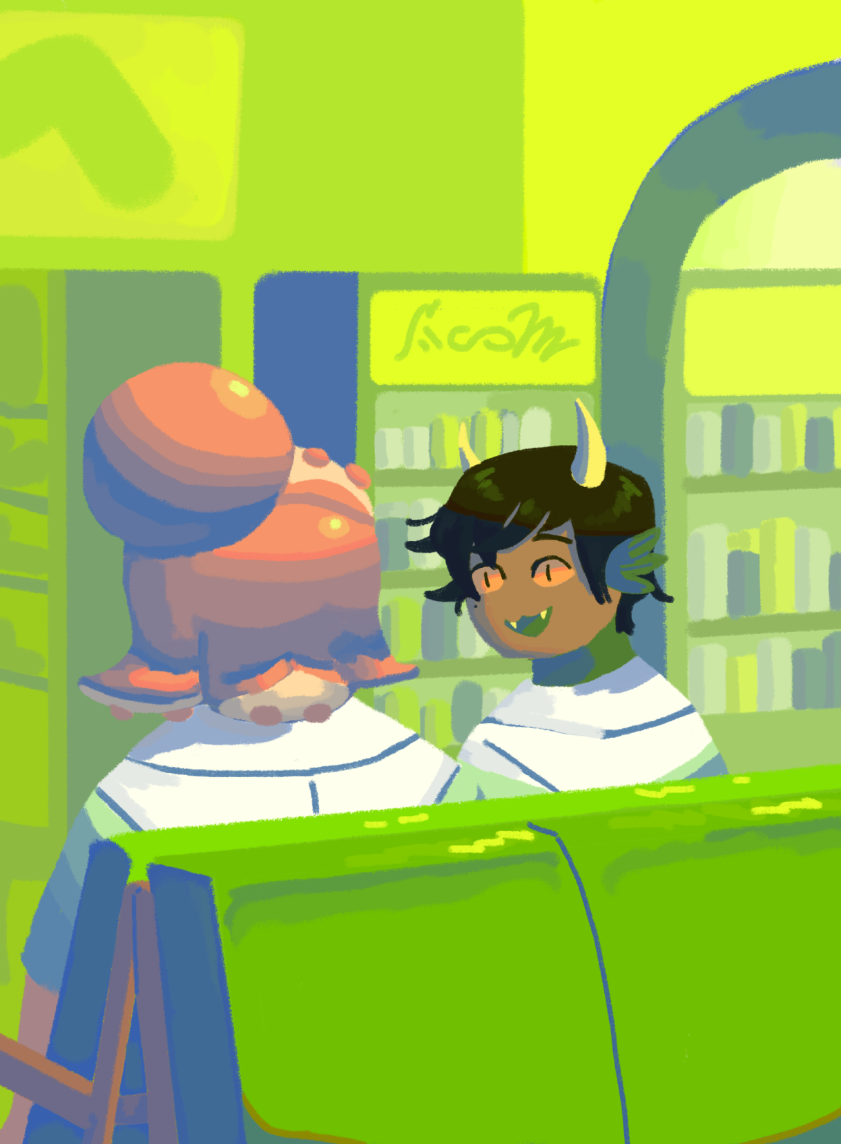 Illustration of teenaged Chell and Ruriko sitting together in a mall.