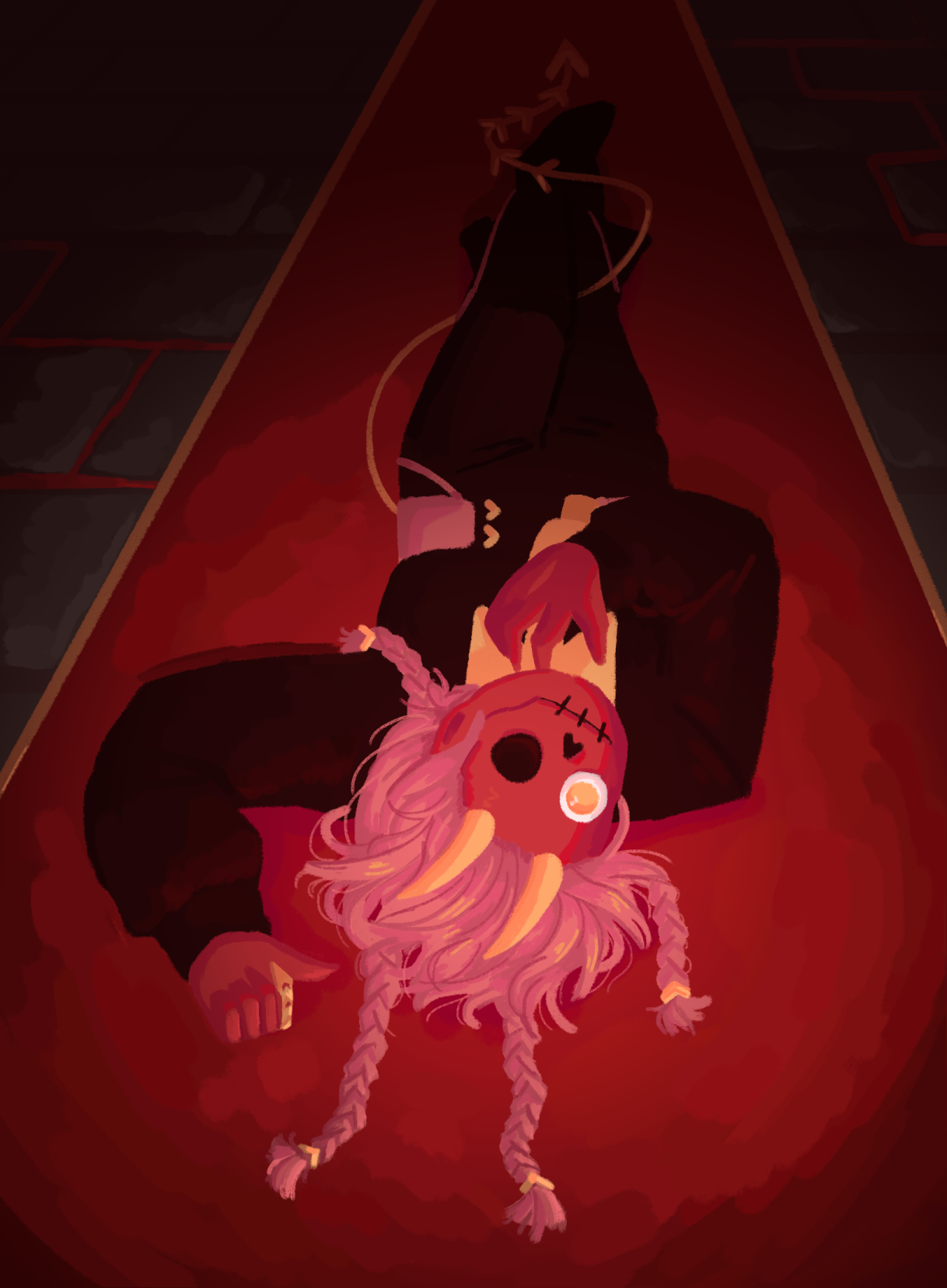 Illustration of Yao laying on the rug of a dark room, looking up at the viewer.