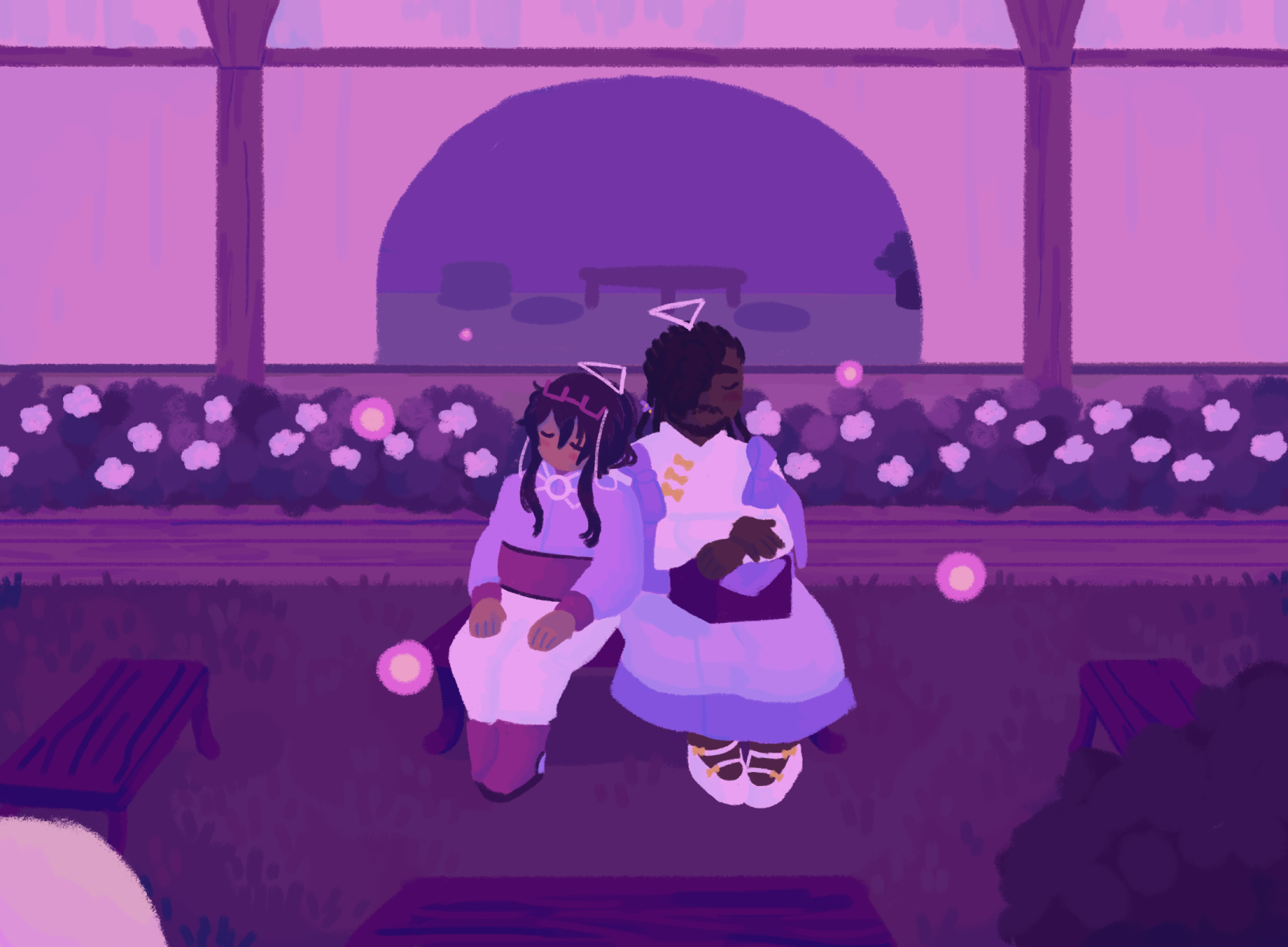 Illustration of Lanata and Freesia sitting together in a small courtyard