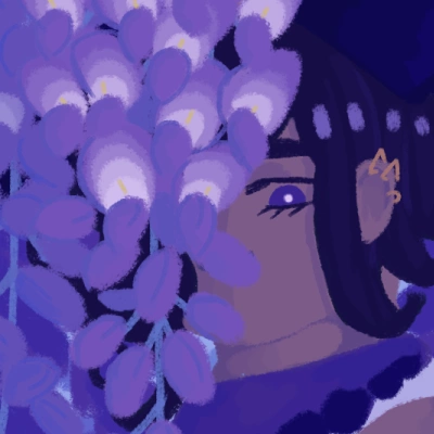 Thumbnail of Wisteria's face obscured with flowers.