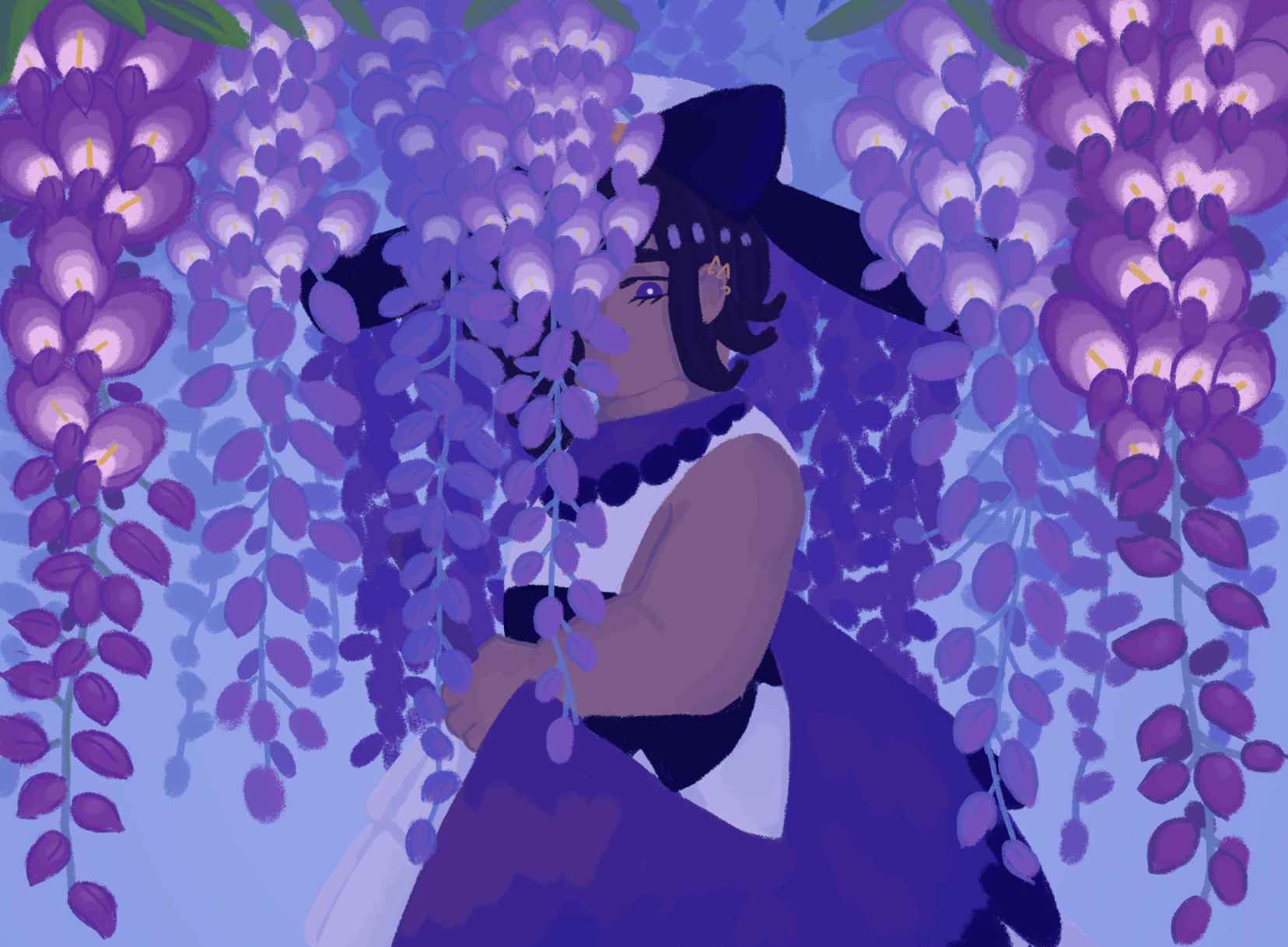 Illustration of Wisteria surrounded by wisteria vines, partially covering his face.