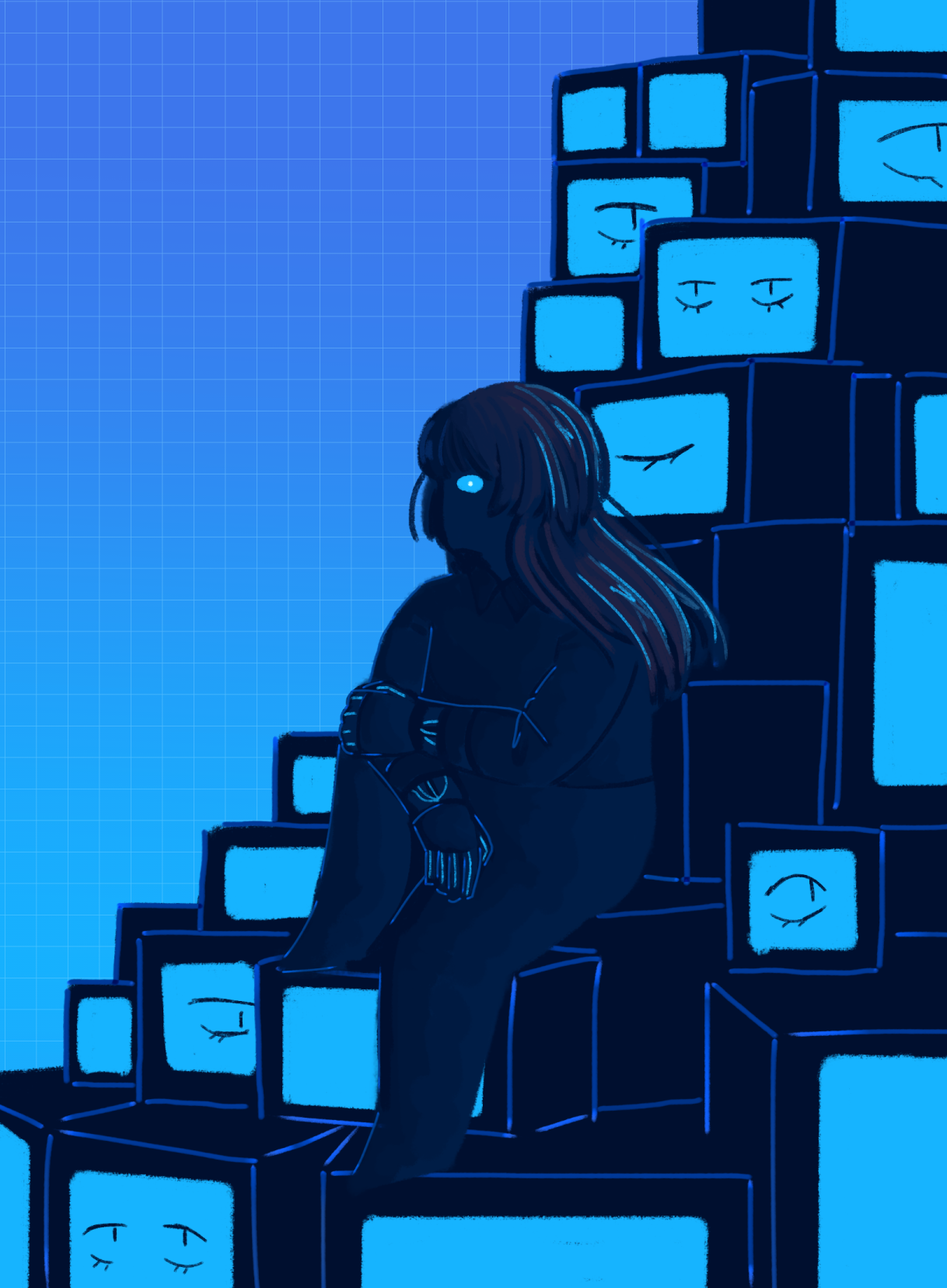 Illustration of Roxanne silhouetted. They're on a mountain of televisions with bright blue screens, some with eyes.