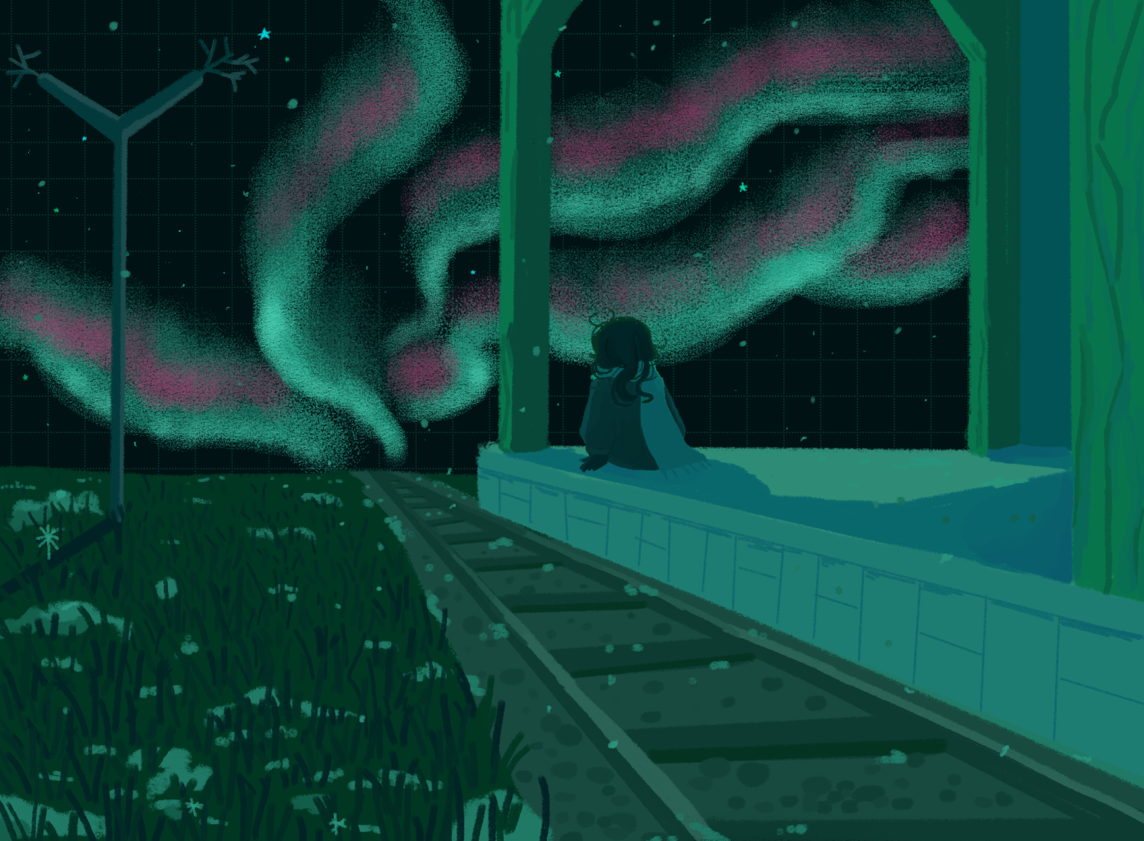 Illustration of Jirair sitting on a train station with light snow. He's watching the aurora.