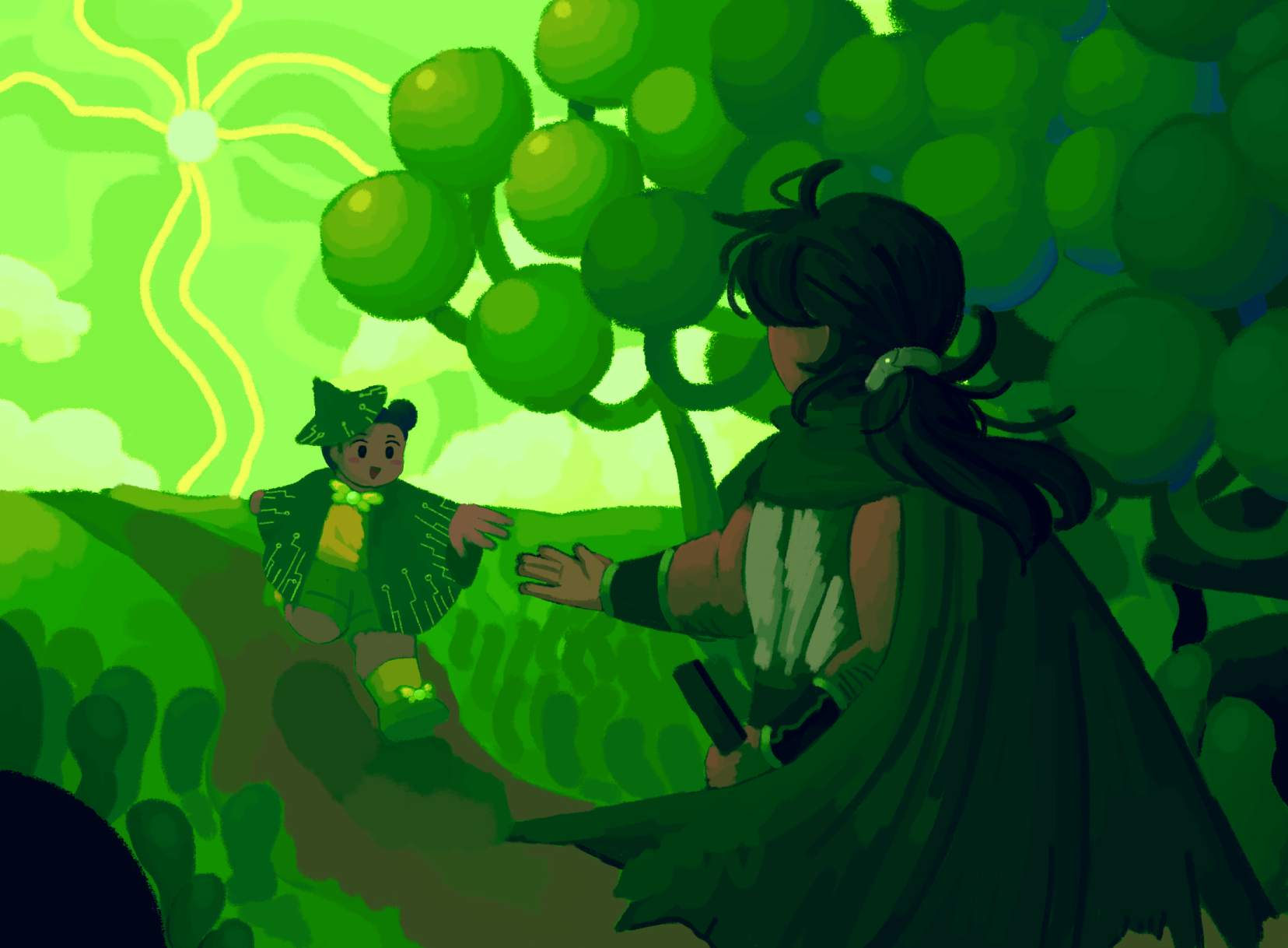 Illustration of Zyrielle reaching a hand out to Lucille on the edge of a forest of large fungi.