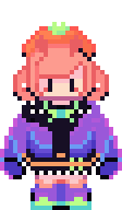 a pixel sprite of Citrus. ze is wearing a frilly dress with a square collar under a purple iridescent jacket